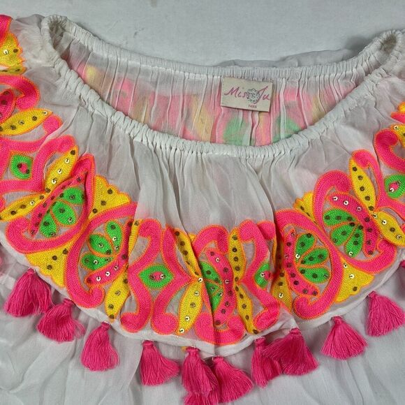 Miss June Paris White Boho Tassel Crop Top S/M Embroidered Festival Resort Shirt - Picture 3 of 10